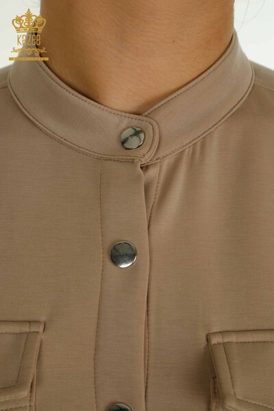 Toptan Kadın Eşofman Tesettür Takımı Düğme Detaylı Cepli Bej - T-02 | KAZEE - 5