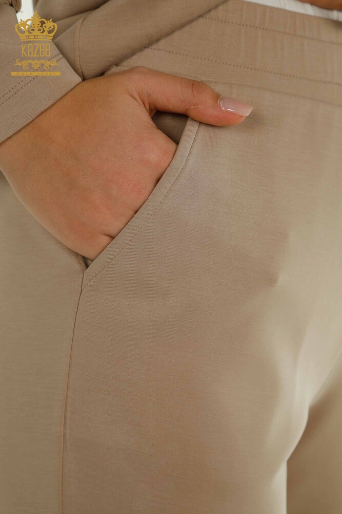 Toptan Kadın Eşofman Tesettür Takımı Düğme Detaylı Cepli Bej - T-02 | KAZEE - 11