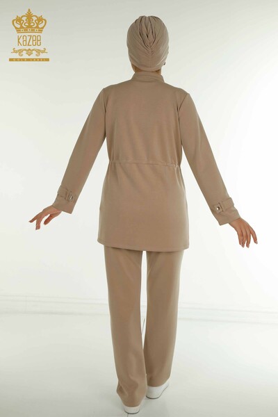 Toptan Kadın Eşofman Tesettür Takımı Düğme Detaylı Cepli Bej - T-02 | KAZEE - 13