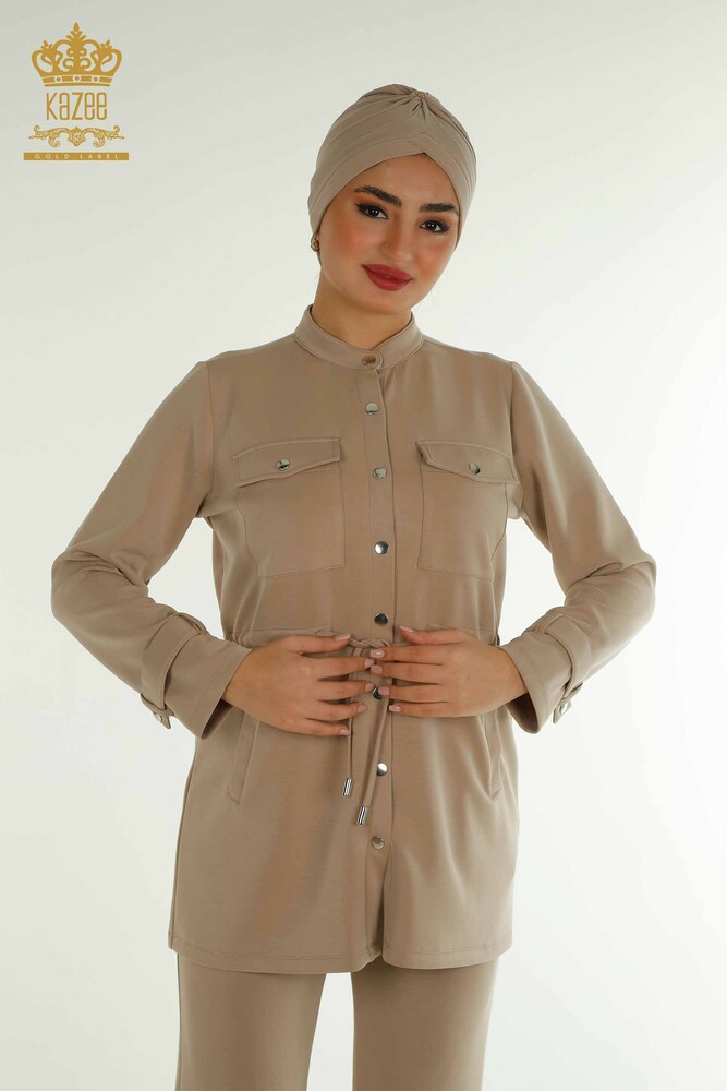 Toptan Kadın Eşofman Tesettür Takımı Düğme Detaylı Cepli Bej - T-02 | KAZEE - 2