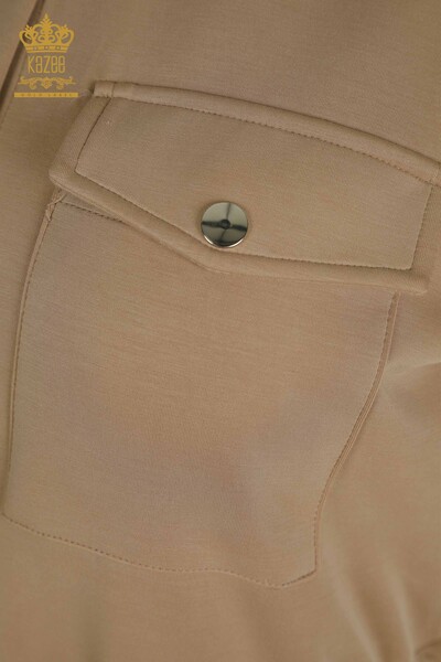 Toptan Kadın Eşofman Tesettür Takımı Düğme Detaylı Cepli Bej - T-02 | KAZEE - 6