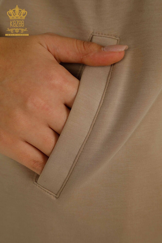 Toptan Kadın Eşofman Tesettür Takımı Düğme Detaylı Cepli Bej - T-02 | KAZEE - 9