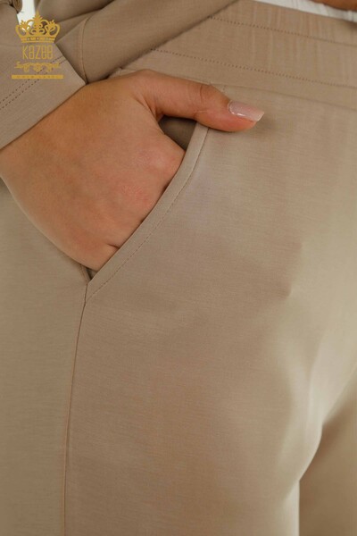 Toptan Kadın Eşofman Tesettür Takımı Düğme Detaylı Cepli Bej - T-02 | KAZEE - 11
