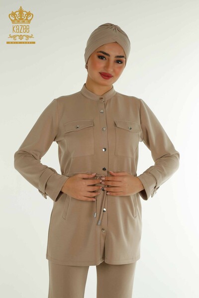Toptan Kadın Eşofman Tesettür Takımı Düğme Detaylı Cepli Bej - T-02 | KAZEE - Kazee (1)