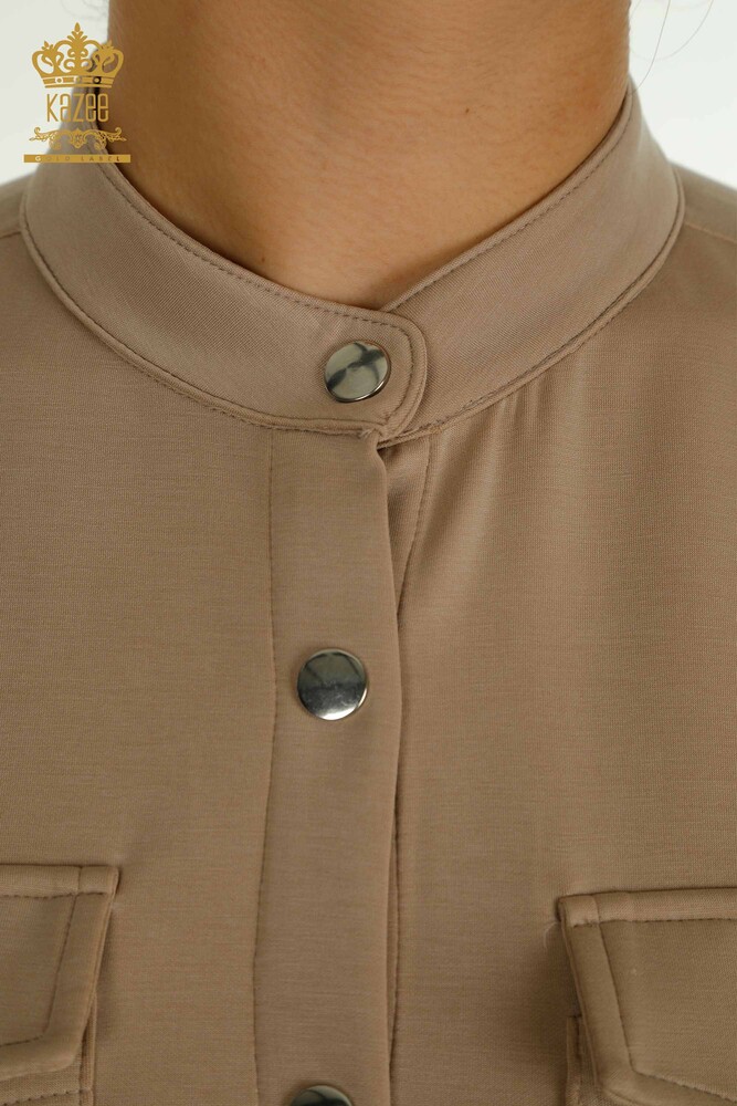 Toptan Kadın Eşofman Tesettür Takımı Düğme Detaylı Cepli Bej - T-02 | KAZEE - 5