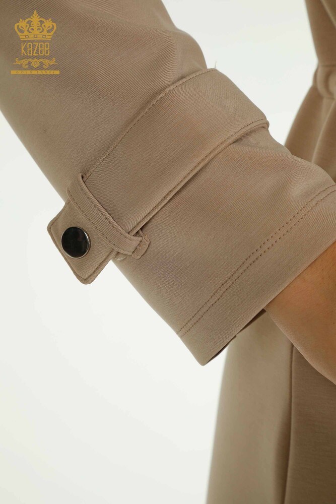 Toptan Kadın Eşofman Tesettür Takımı Düğme Detaylı Cepli Bej - T-02 | KAZEE - 8