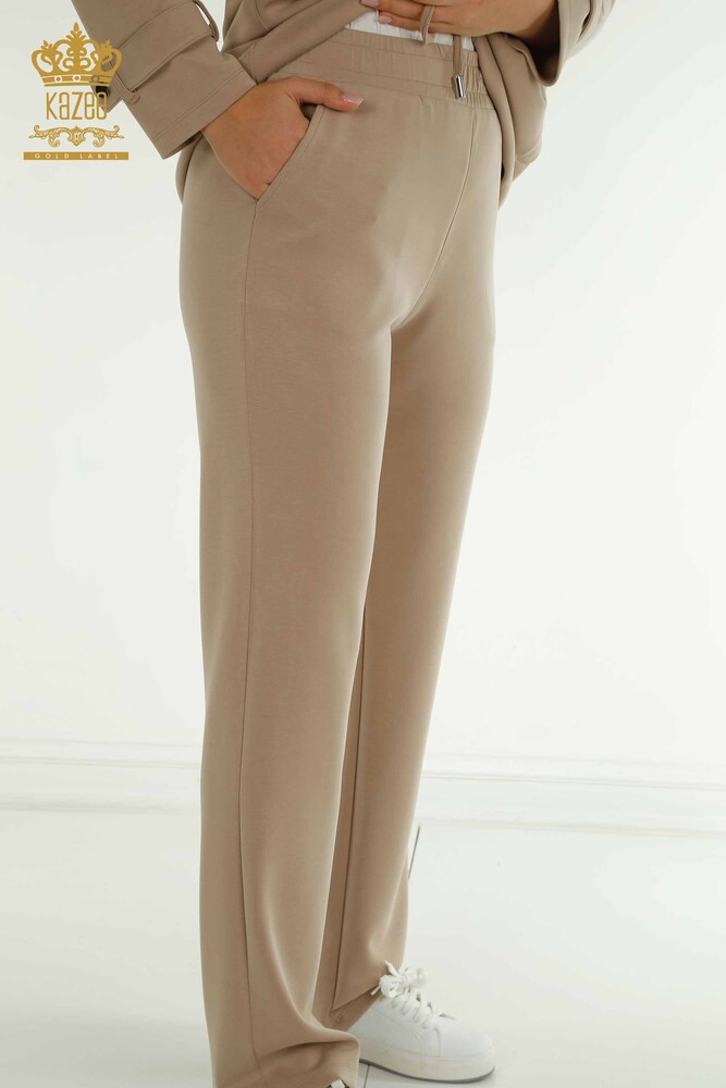 Toptan Kadın Eşofman Tesettür Takımı Düğme Detaylı Cepli Bej - T-02 | KAZEE - 10