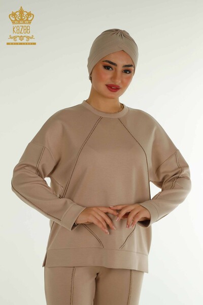 Toptan Kadın Eşofman Tesettür Takımı Taş İşlemeli Cepli Bej - T-01 | KAZEE - Kazee (1)
