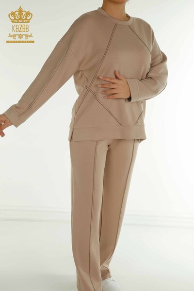 Toptan Kadın Eşofman Tesettür Takımı Taş İşlemeli Cepli Bej - T-01 | KAZEE - 3