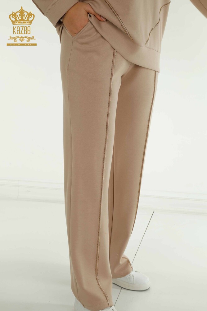 Toptan Kadın Eşofman Tesettür Takımı Taş İşlemeli Cepli Bej - T-01 | KAZEE - 6