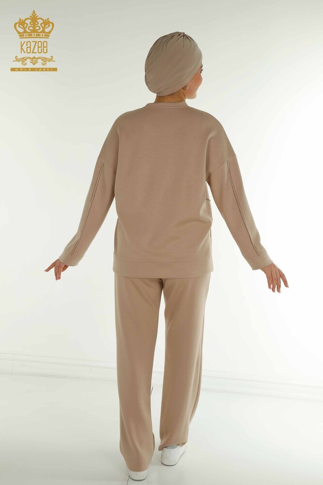 Toptan Kadın Eşofman Tesettür Takımı Taş İşlemeli Cepli Bej - T-01 | KAZEE - 7