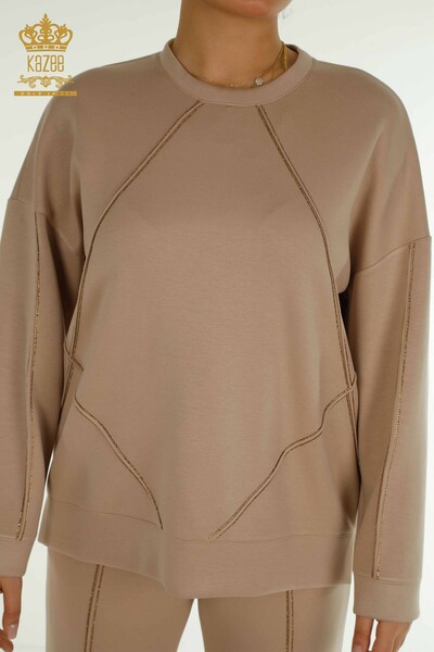 Toptan Kadın Eşofman Tesettür Takımı Taş İşlemeli Cepli Bej - T-01 | KAZEE - 4