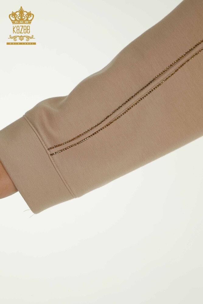 Toptan Kadın Eşofman Tesettür Takımı Taş İşlemeli Cepli Bej - T-01 | KAZEE - 5