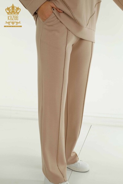 Toptan Kadın Eşofman Tesettür Takımı Taş İşlemeli Cepli Bej - T-01 | KAZEE - 6