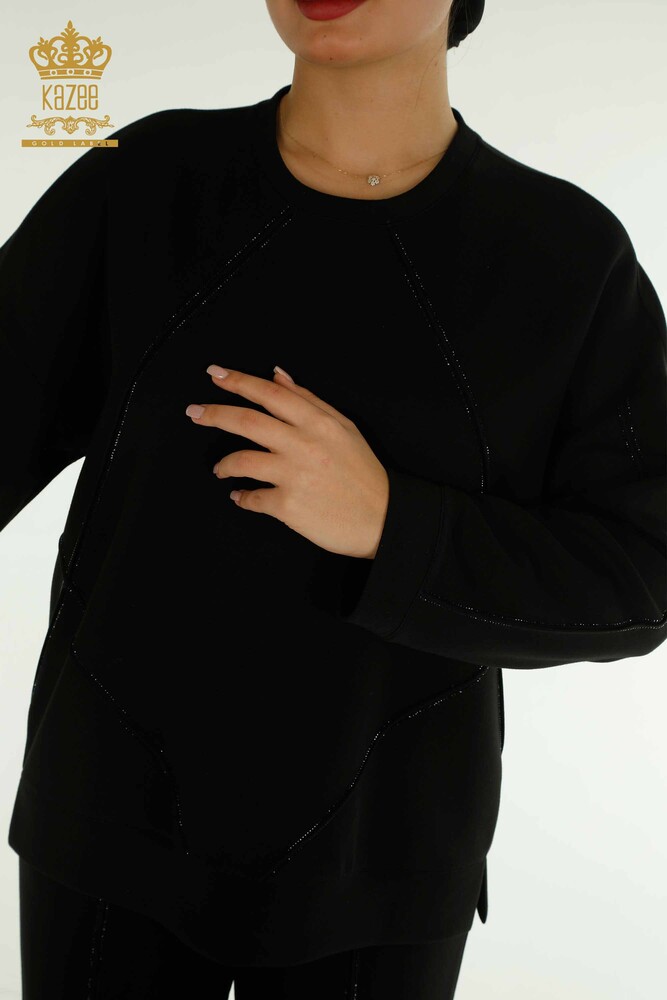 Toptan Kadın Eşofman Tesettür Takımı Taş İşlemeli Cepli Black - T-01 | KAZEE - 4