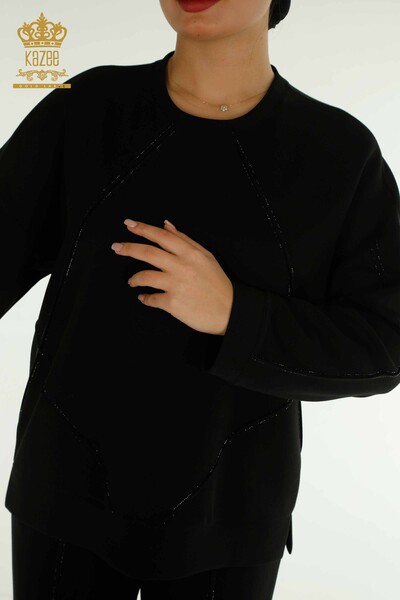 Toptan Kadın Eşofman Tesettür Takımı Taş İşlemeli Cepli Black - T-01 | KAZEE - 4