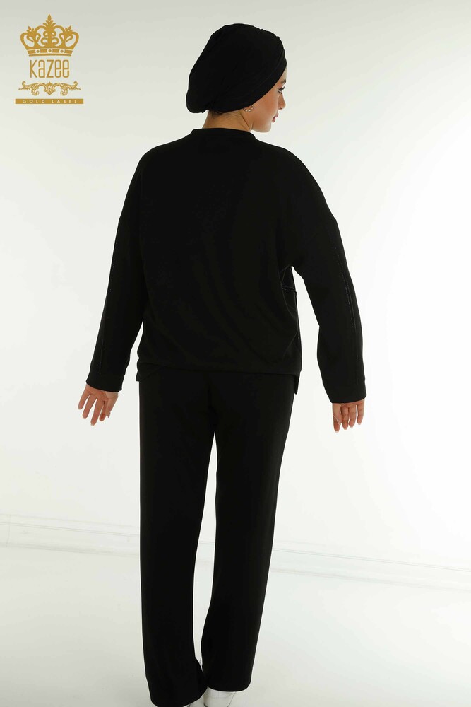 Toptan Kadın Eşofman Tesettür Takımı Taş İşlemeli Cepli Black - T-01 | KAZEE - 9