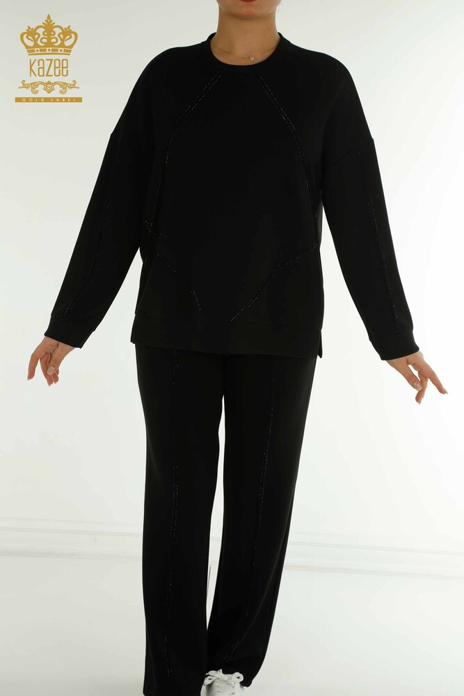 Toptan Kadın Eşofman Tesettür Takımı Taş İşlemeli Cepli Black - T-01 | KAZEE - 3