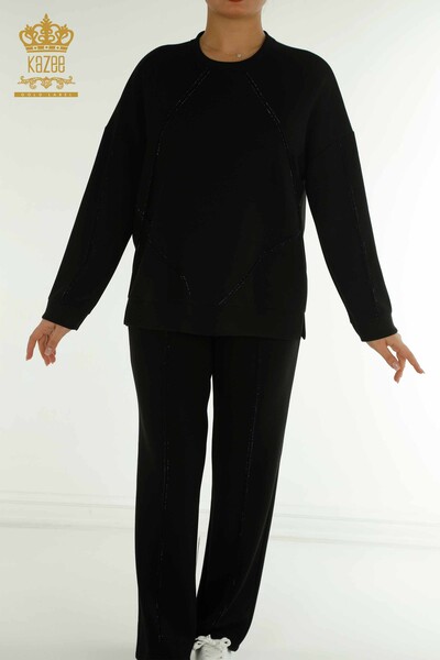 Toptan Kadın Eşofman Tesettür Takımı Taş İşlemeli Cepli Black - T-01 | KAZEE - 3