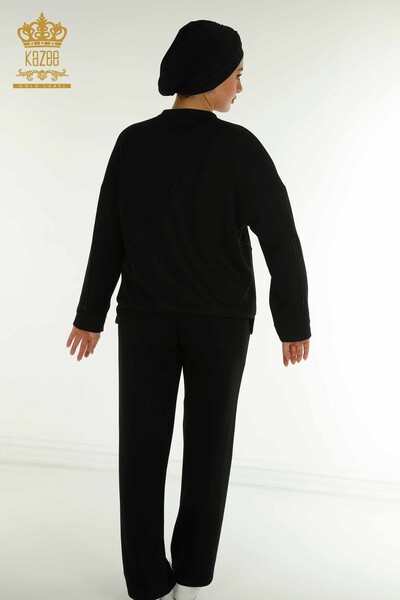 Toptan Kadın Eşofman Tesettür Takımı Taş İşlemeli Cepli Black - T-01 | KAZEE - 9