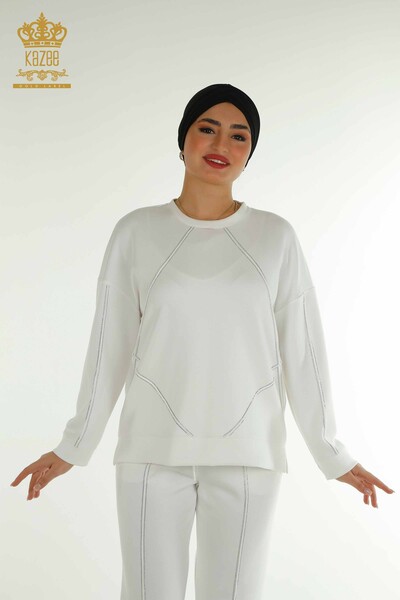 Toptan Kadın Eşofman Tesettür Takımı Taş İşlemeli Cepli Ecru - T-01 | KAZEE - Kazee (1)