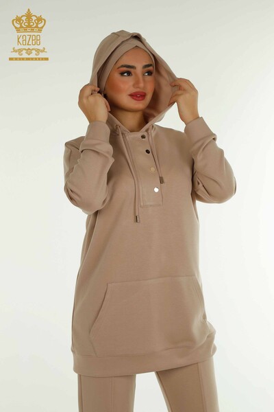 Toptan Kadın Eşofman Tesettür Takımı Yarım Düğme Detaylı - Bej T-03 | KAZEE - 3