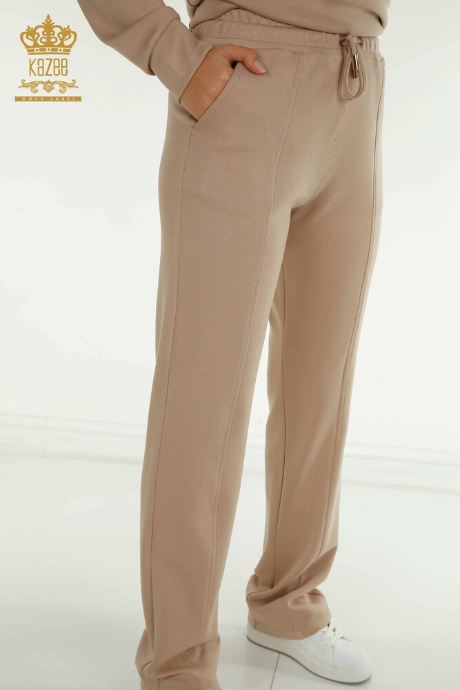 Toptan Kadın Eşofman Tesettür Takımı Yarım Düğme Detaylı - Bej T-03 | KAZEE - 7