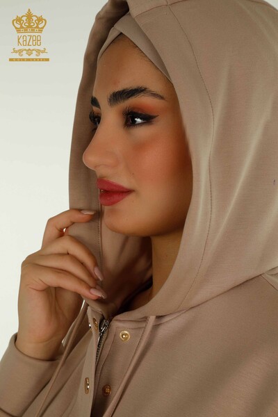 Toptan Kadın Eşofman Tesettür Takımı Yarım Düğme Detaylı - Bej T-03 | KAZEE - 6