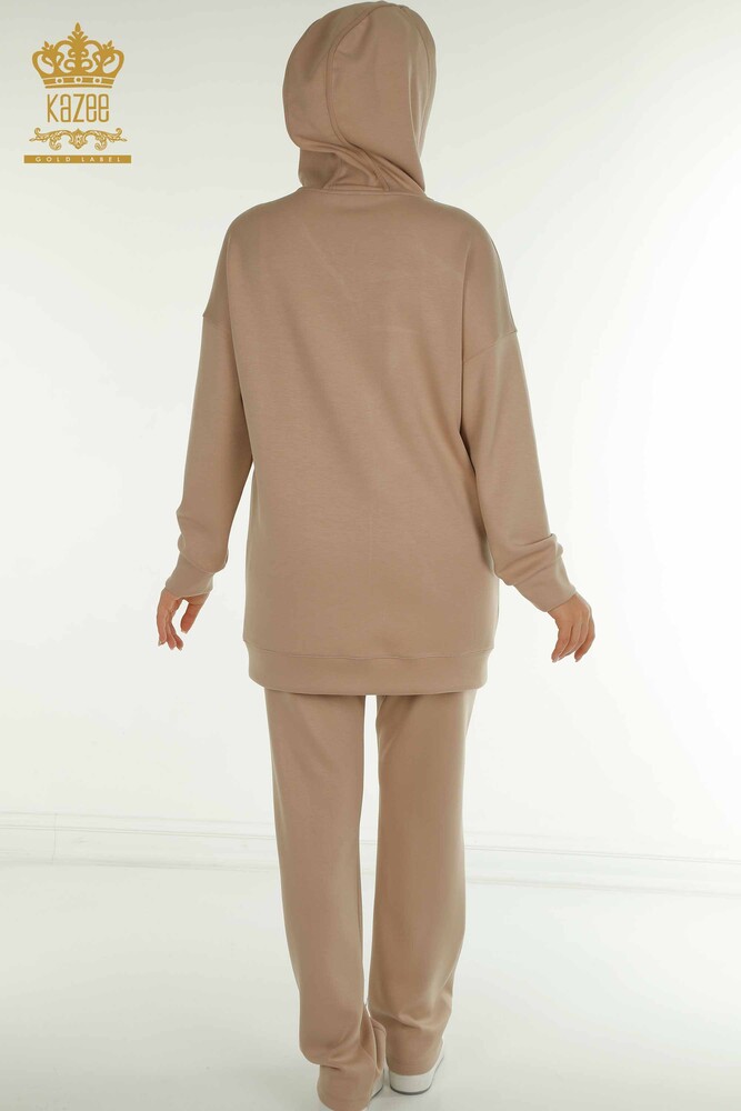 Toptan Kadın Eşofman Tesettür Takımı Yarım Düğme Detaylı - Bej T-03 | KAZEE - 8