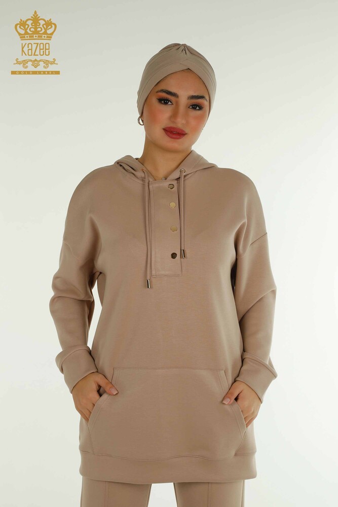 Toptan Kadın Eşofman Tesettür Takımı Yarım Düğme Detaylı - Bej T-03 | KAZEE - 2