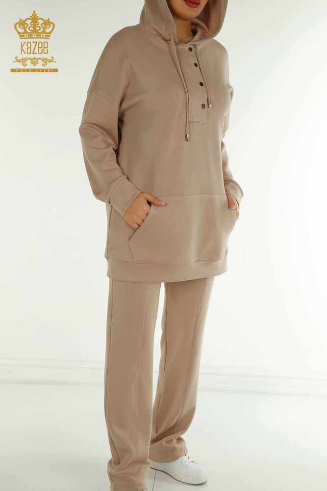 Toptan Kadın Eşofman Tesettür Takımı Yarım Düğme Detaylı - Bej T-03 | KAZEE - 4