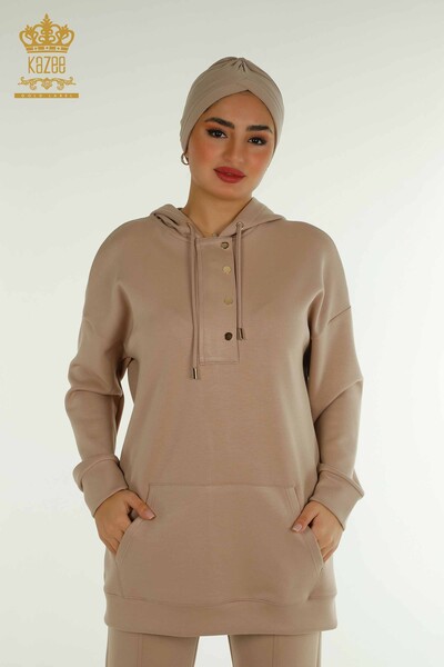 Toptan Kadın Eşofman Tesettür Takımı Yarım Düğme Detaylı - Bej T-03 | KAZEE - Kazee (1)