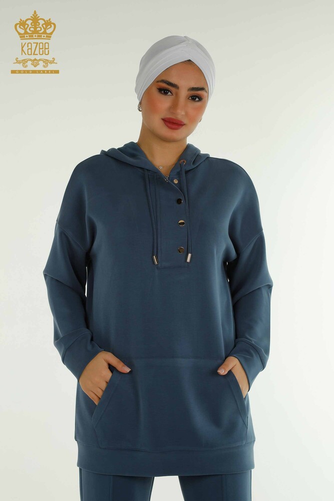 Toptan Kadın Eşofman Tesettür Takımı Yarım Düğme Detaylı - Petrol T-03 | KAZEE - 2