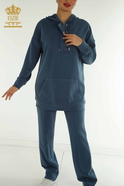 Toptan Kadın Eşofman Tesettür Takımı Yarım Düğme Detaylı - Petrol T-03 | KAZEE - 3