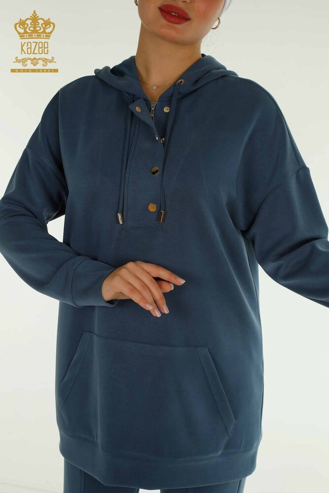 Toptan Kadın Eşofman Tesettür Takımı Yarım Düğme Detaylı - Petrol T-03 | KAZEE - 4