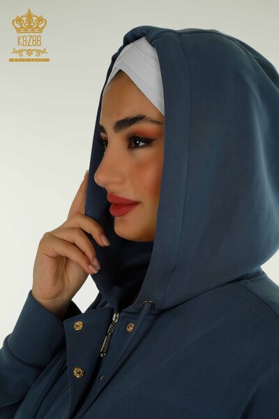 Toptan Kadın Eşofman Tesettür Takımı Yarım Düğme Detaylı - Petrol T-03 | KAZEE - 6