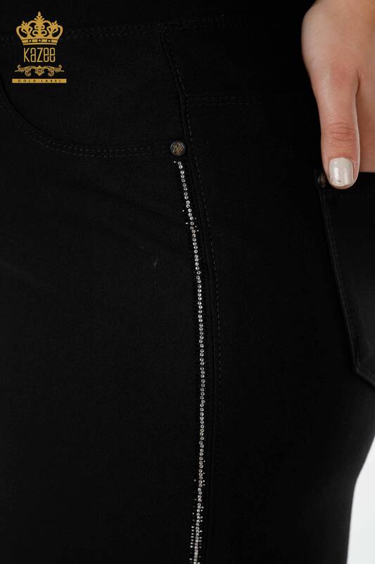 Toptan Kadın Etek Şerit Taş İşlemeli Siyah - 4211 | KAZEE