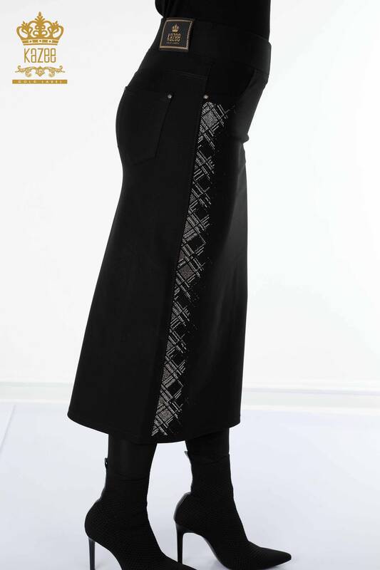 Toptan Kadın Etek Şerit Taş İşlemeli Siyah - 4215 | KAZEE