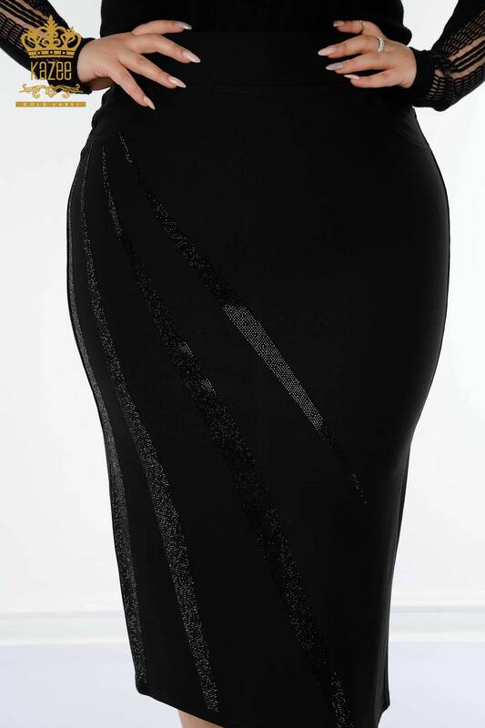 Toptan Kadın Etek Uzun Taş İşlemeli Siyah - 4201 | KAZEE