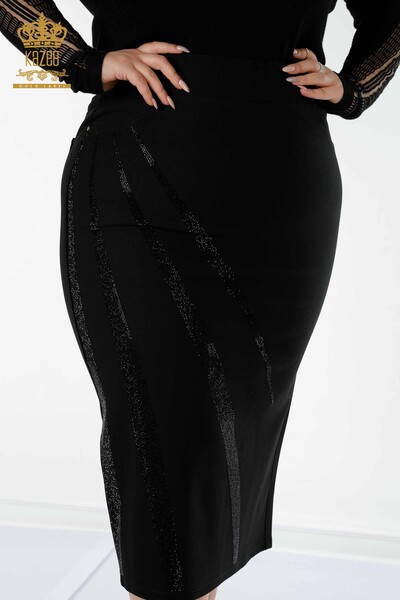 Toptan Kadın Etek Uzun Taş İşlemeli Siyah - 4201 | KAZEE - Thumbnail (2)