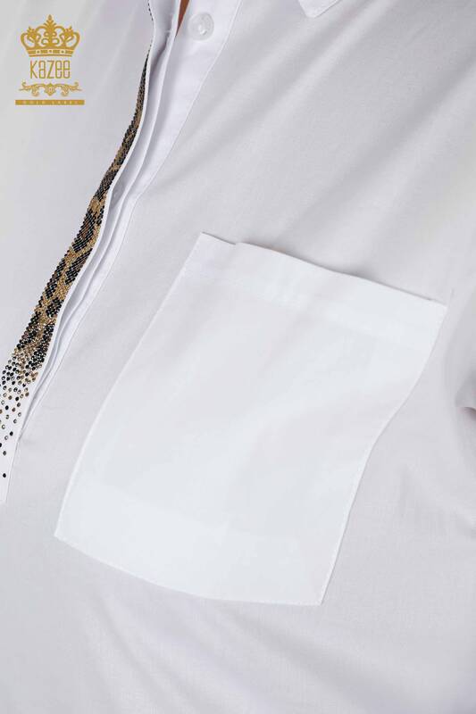 Toptan Kadın Gömlek Arka Kaplan Detaylı Taş İşlemeli Cep Detaylı - 20005 | KAZEE