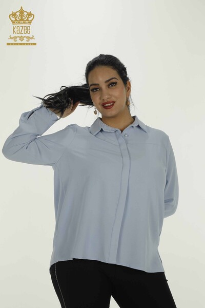 Toptan Kadın Gömlek Boncuk Detaylı Mavi - 2409-24110 | W - Thumbnail