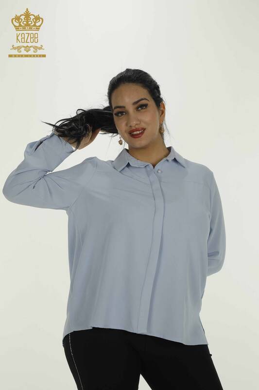 Toptan Kadın Gömlek Boncuk Detaylı Mavi - 2409-24110 | W