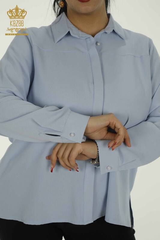 Toptan Kadın Gömlek Boncuk Detaylı Mavi - 2409-24110 | W