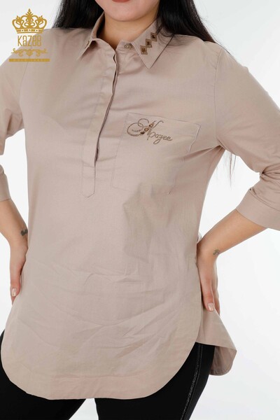 Toptan Kadın Gömlek Cep Detaylı Bej - 20139 | KAZEE - Thumbnail