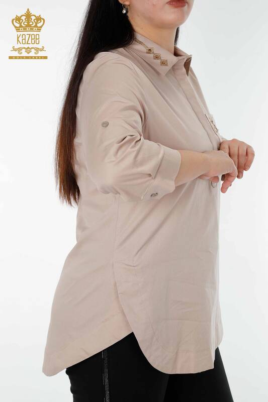 Toptan Kadın Gömlek Cep Detaylı Bej - 20139 | KAZEE