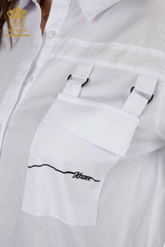 Toptan Kadın Gömlek Cep Detaylı Beyaz - 20312 | KAZEE