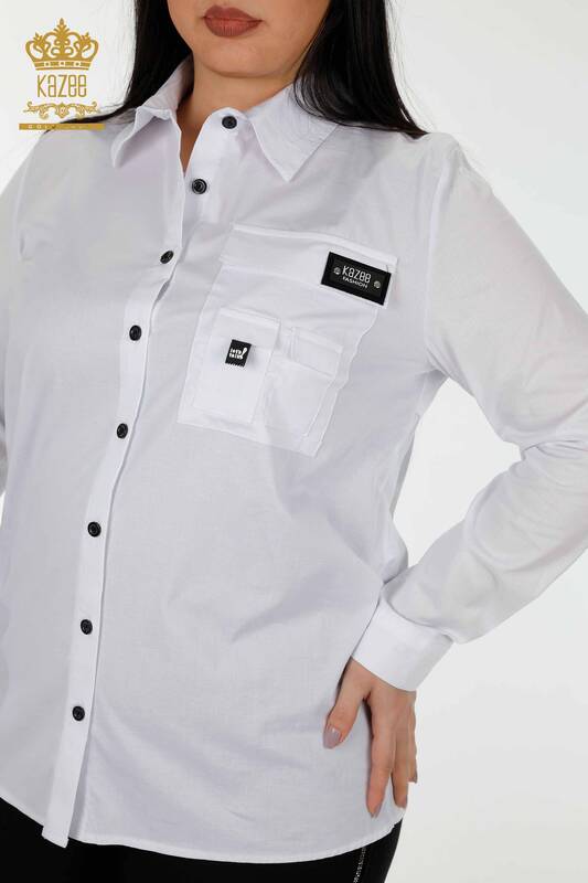 Toptan Kadın Gömlek Cep Detaylı Beyaz - 20325 | KAZEE
