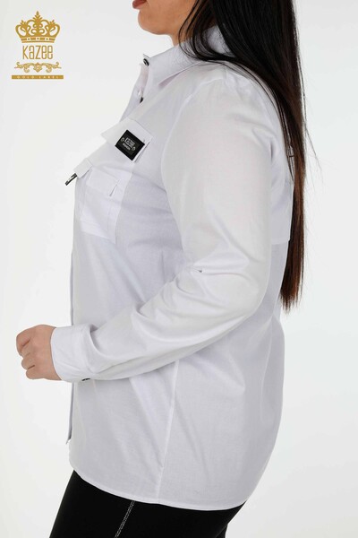 Toptan Kadın Gömlek Cep Detaylı Beyaz - 20325 | KAZEE - Thumbnail