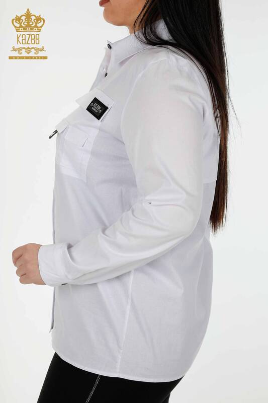 Toptan Kadın Gömlek Cep Detaylı Beyaz - 20325 | KAZEE